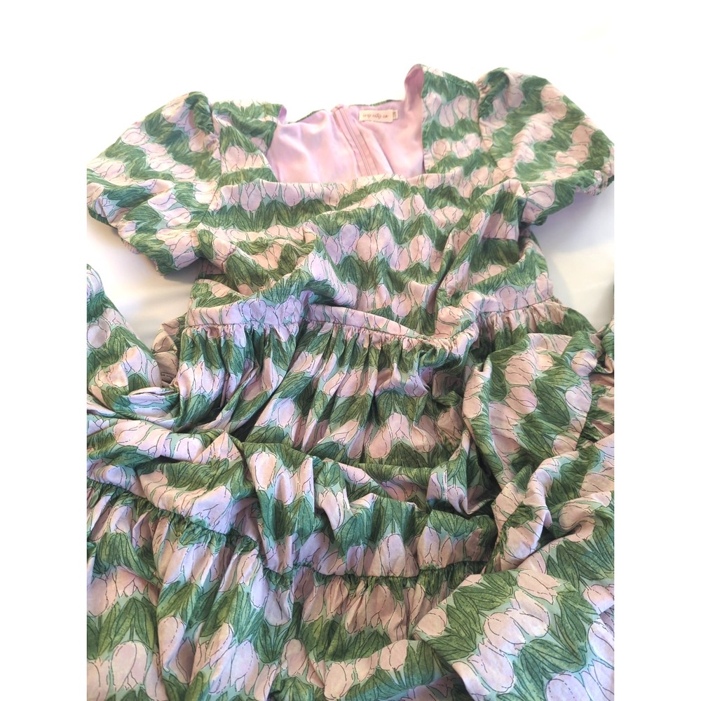 Ivy City Co.  April Dress 2X Green Pink  Tulips Ruffle Hem Patterned Lined Chic